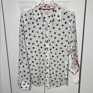 Foxcroft 100% Cotton Wrinkle Free Button Down Shirt White Black Dots Size 2P NWT